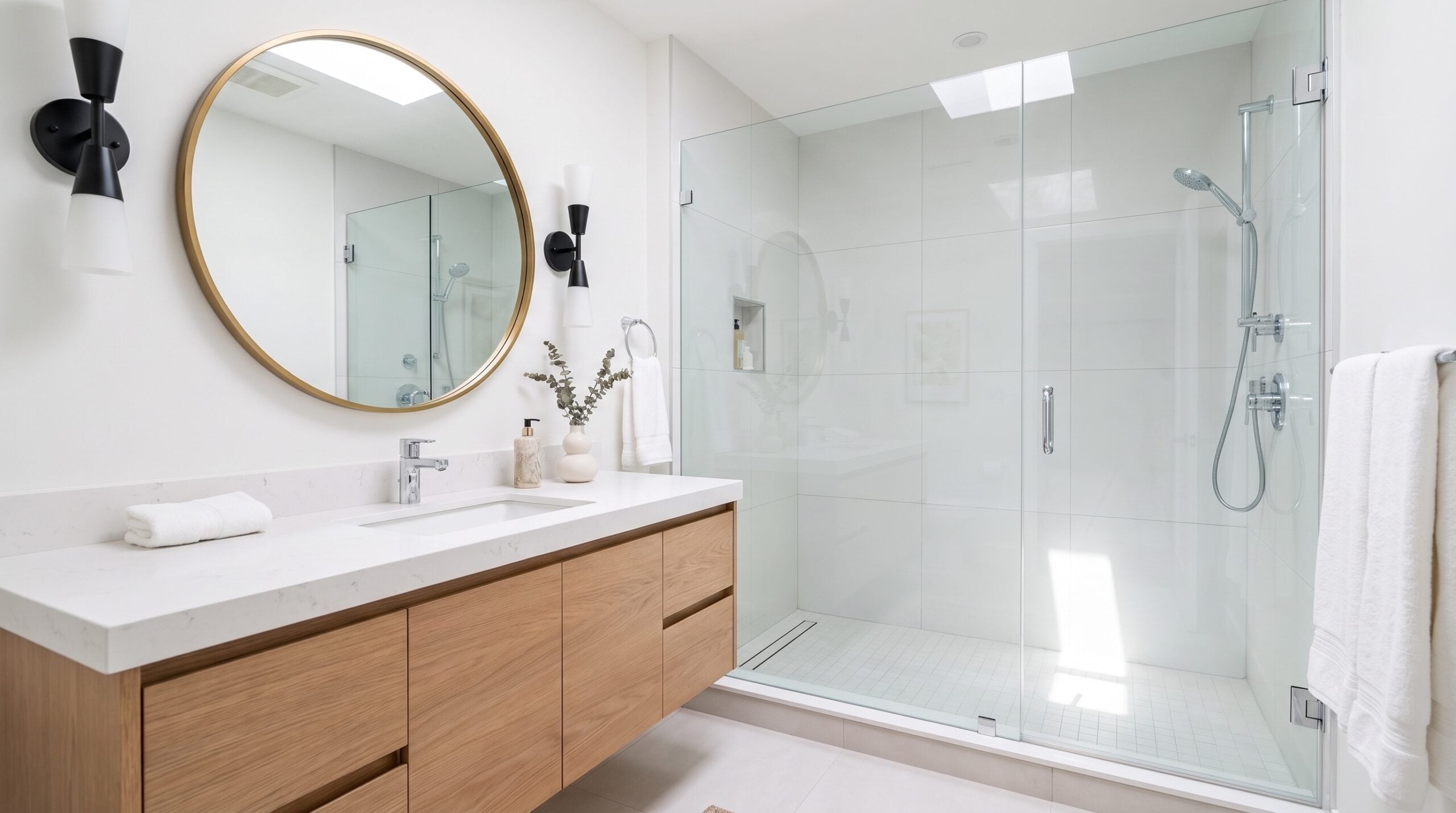 Remodeled bathroom with frameless walk-in shower and floating vanity