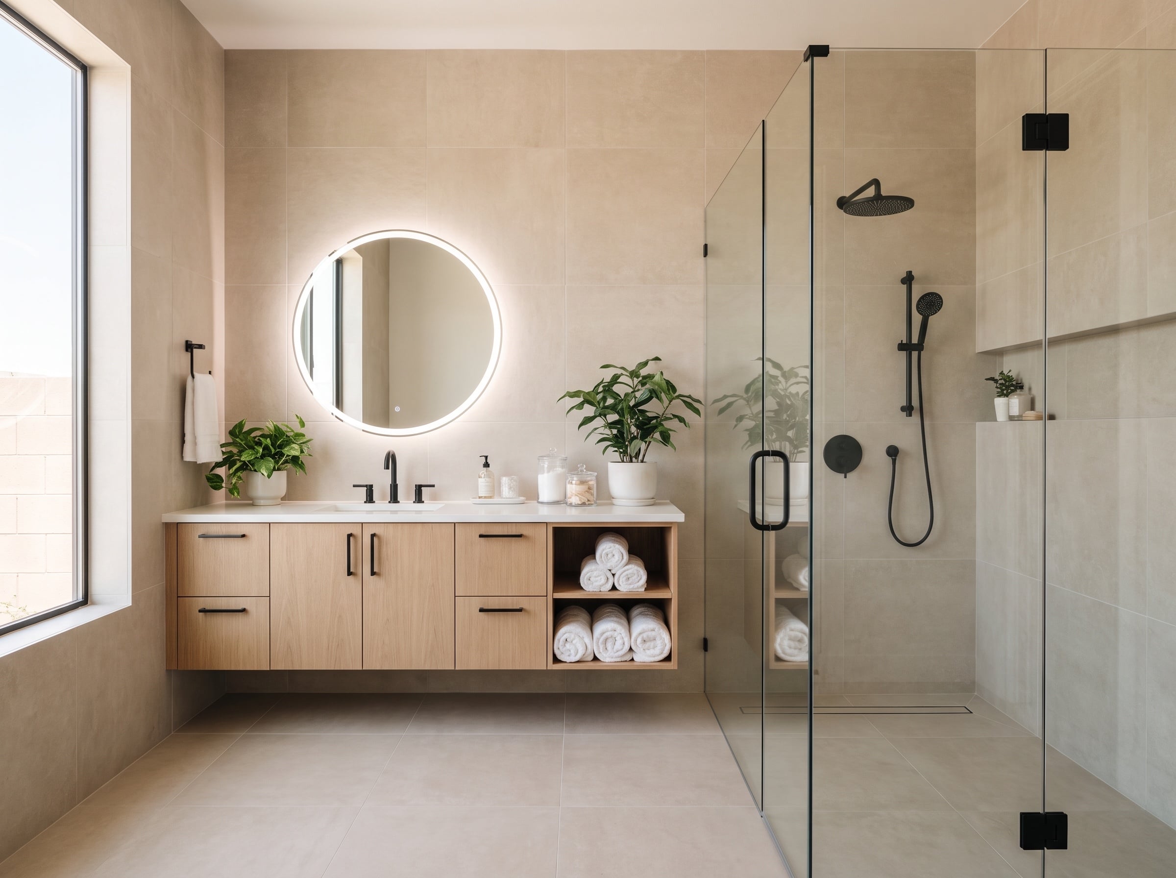 Large-format porcelain tile bathroom with floating vanity and walk-in shower Las Vegas