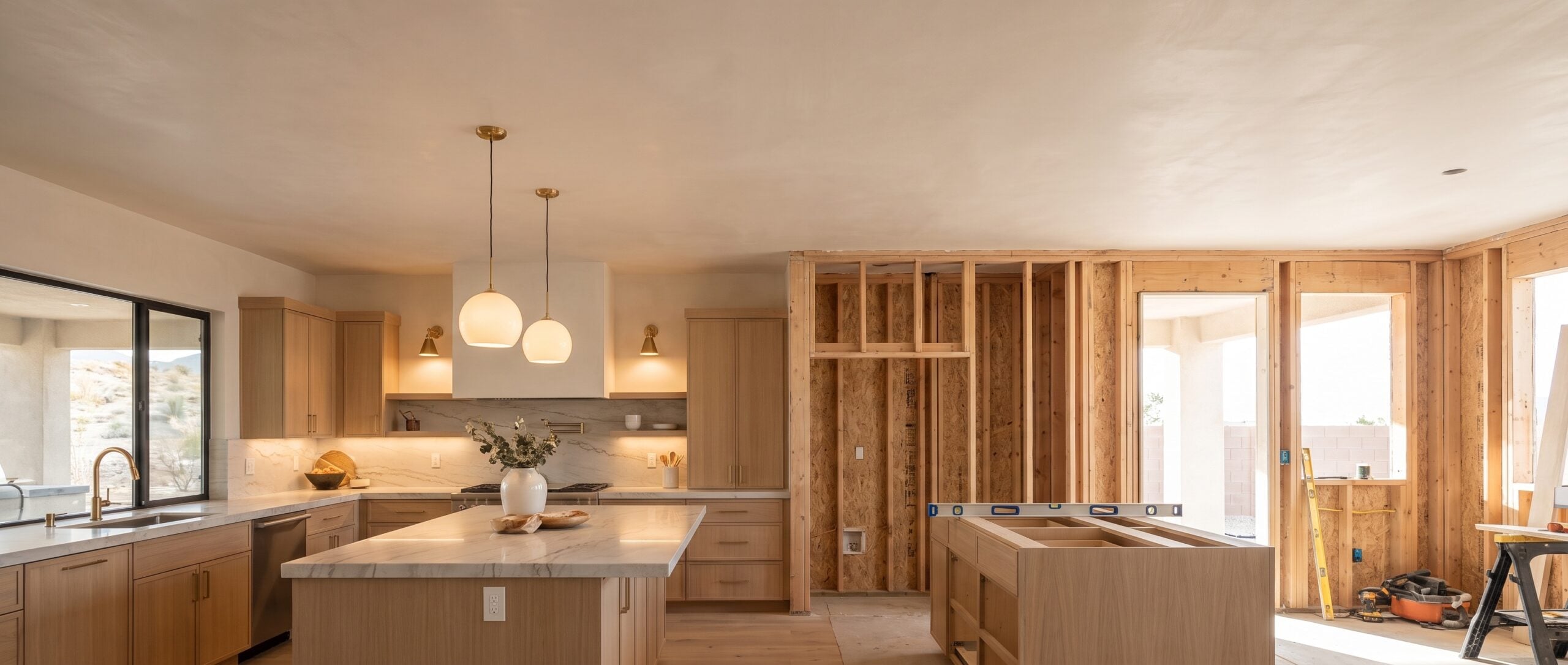A Las Vegas home mid-remodel: finished white oak kitchen on the left flowing into fresh framing and construction on the right