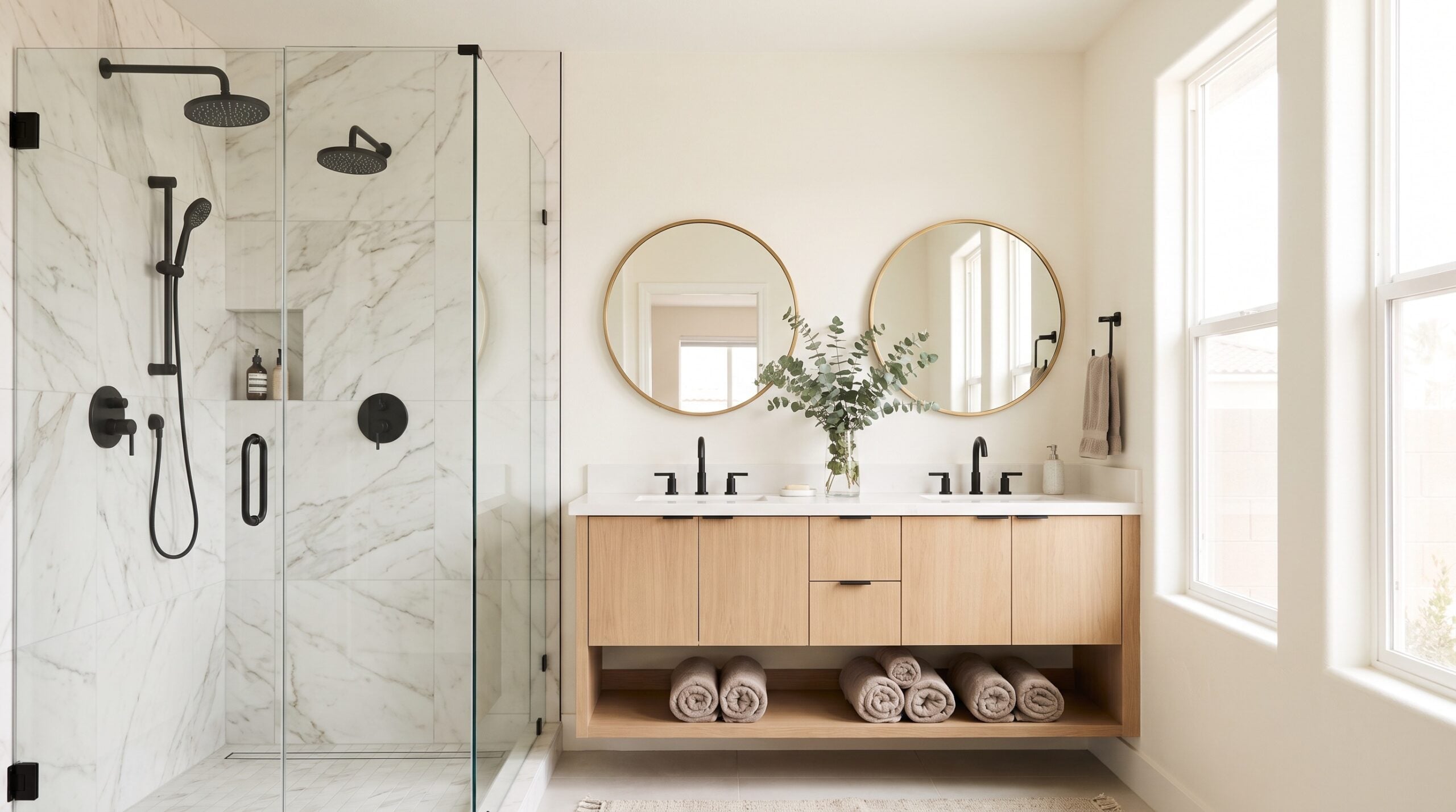 Bathroom remodel with marble walk-in shower and white oak double vanity Las Vegas