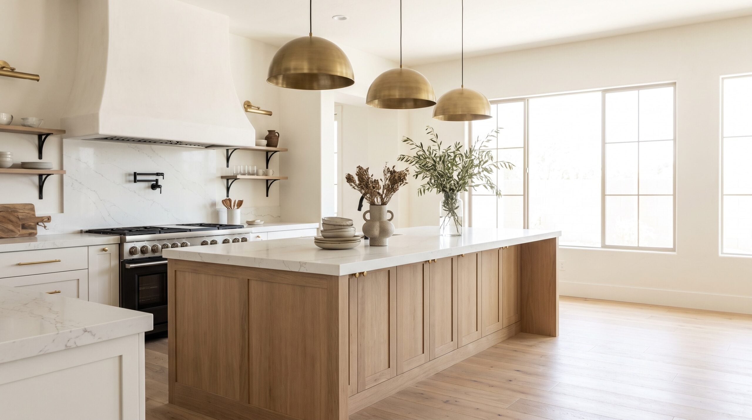 Kitchen remodel with white oak island and quartz countertops in Las Vegas