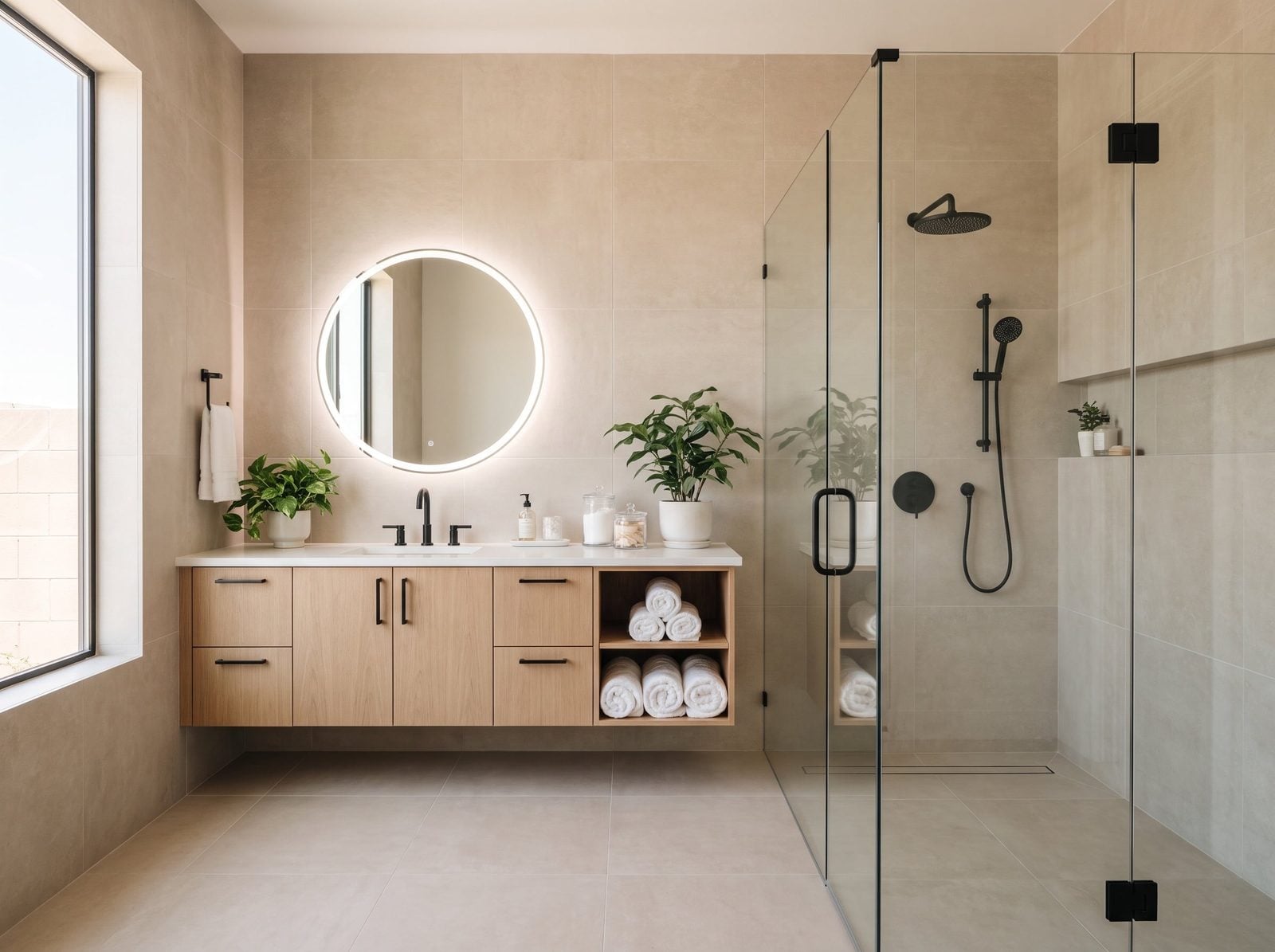 Spa bathroom with large-format porcelain tile, floating vanity and LED mirror Summerlin Nevada