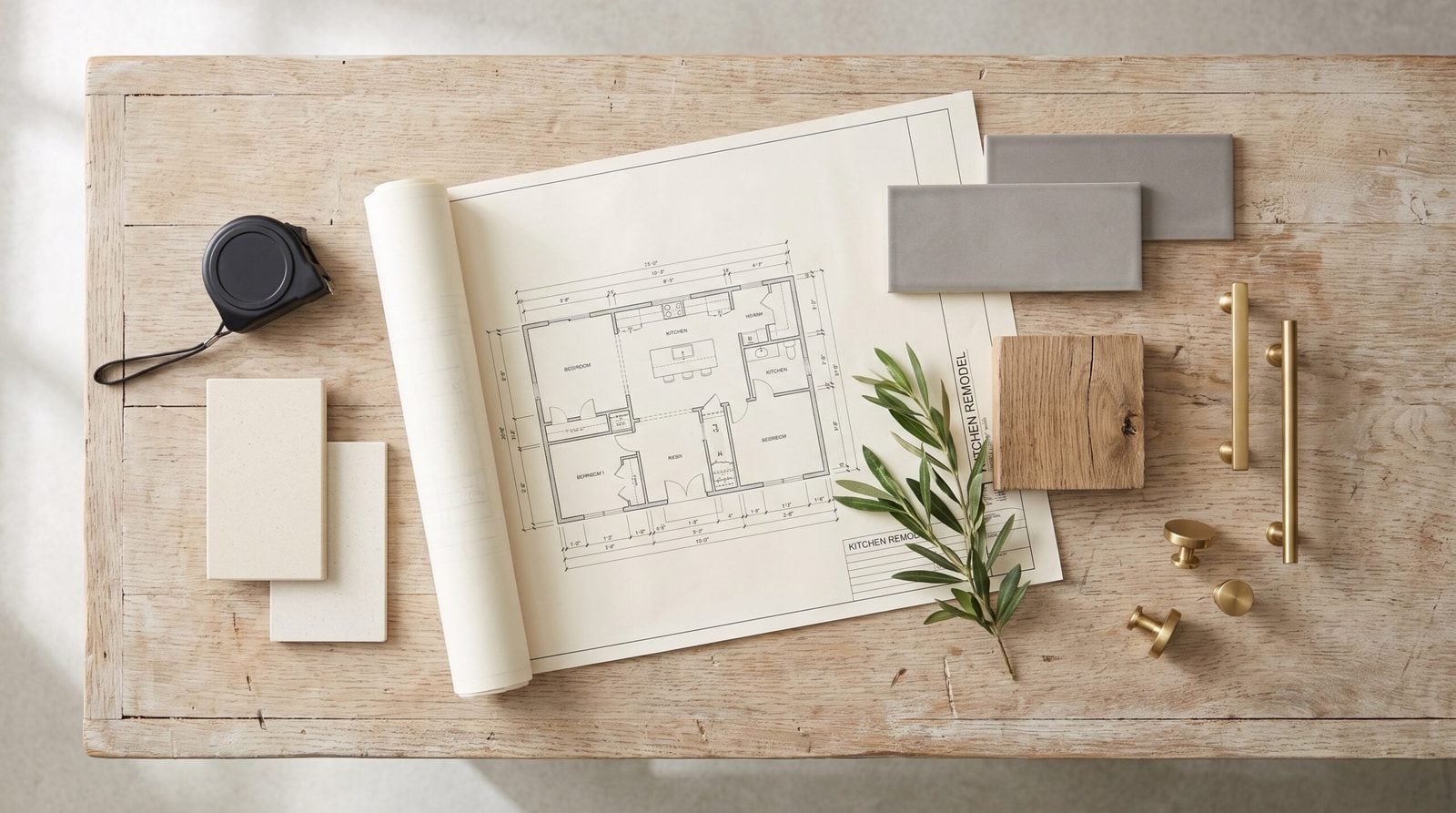 Kitchen remodel blueprints with quartz, tile and white oak samples and brass hardware on a workbench