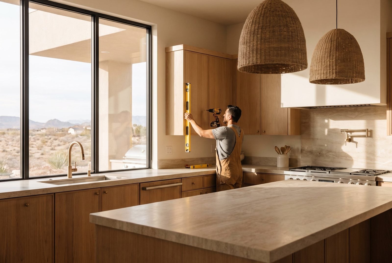 Contractor installing white oak custom cabinets in a Las Vegas kitchen remodel