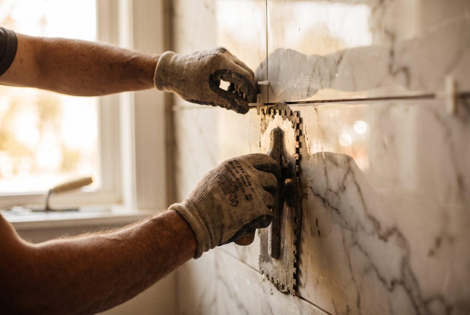 Craftsman hand-setting large-format marble tile in a Las Vegas bathroom remodel