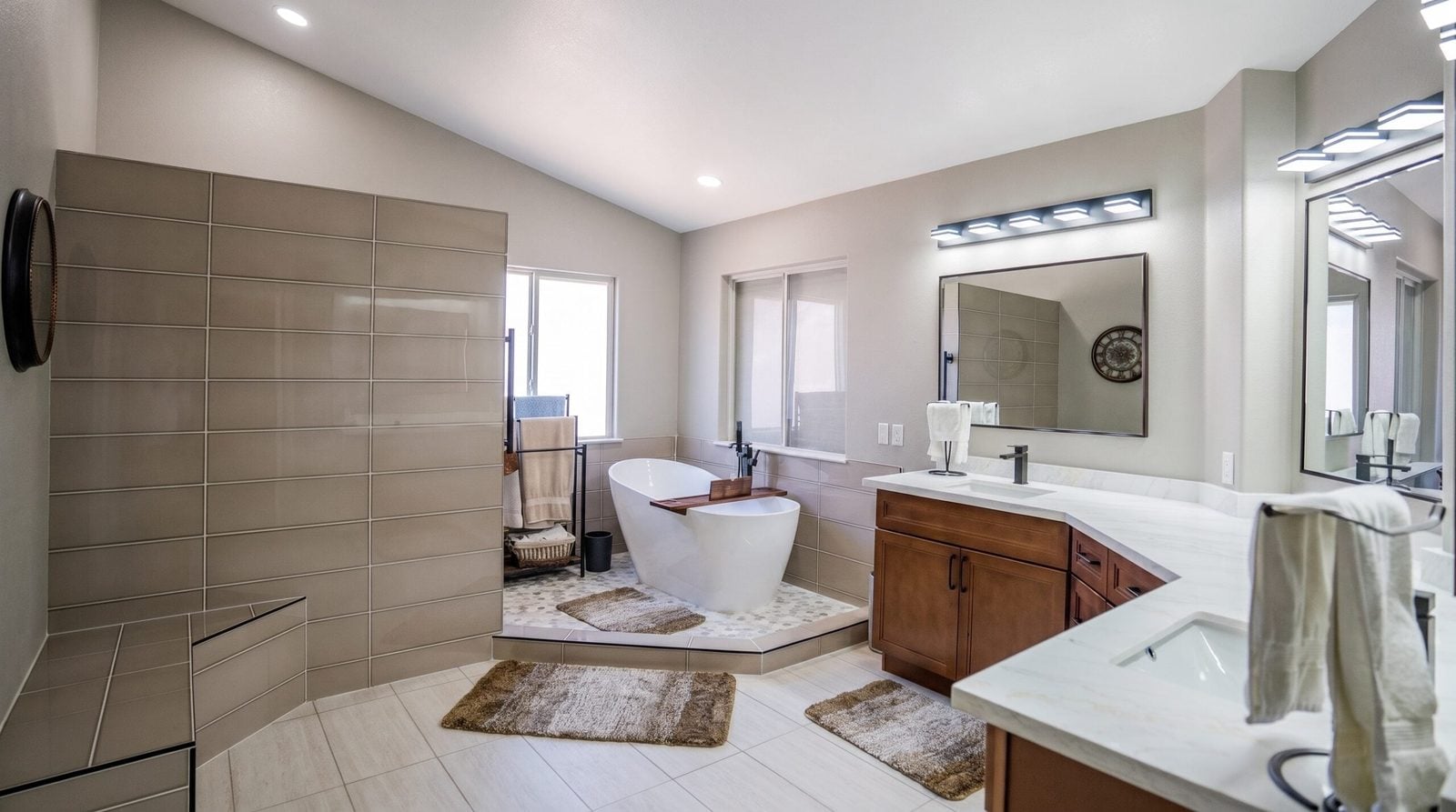 Bathroom remodel with freestanding tub and tile feature wall Las Vegas