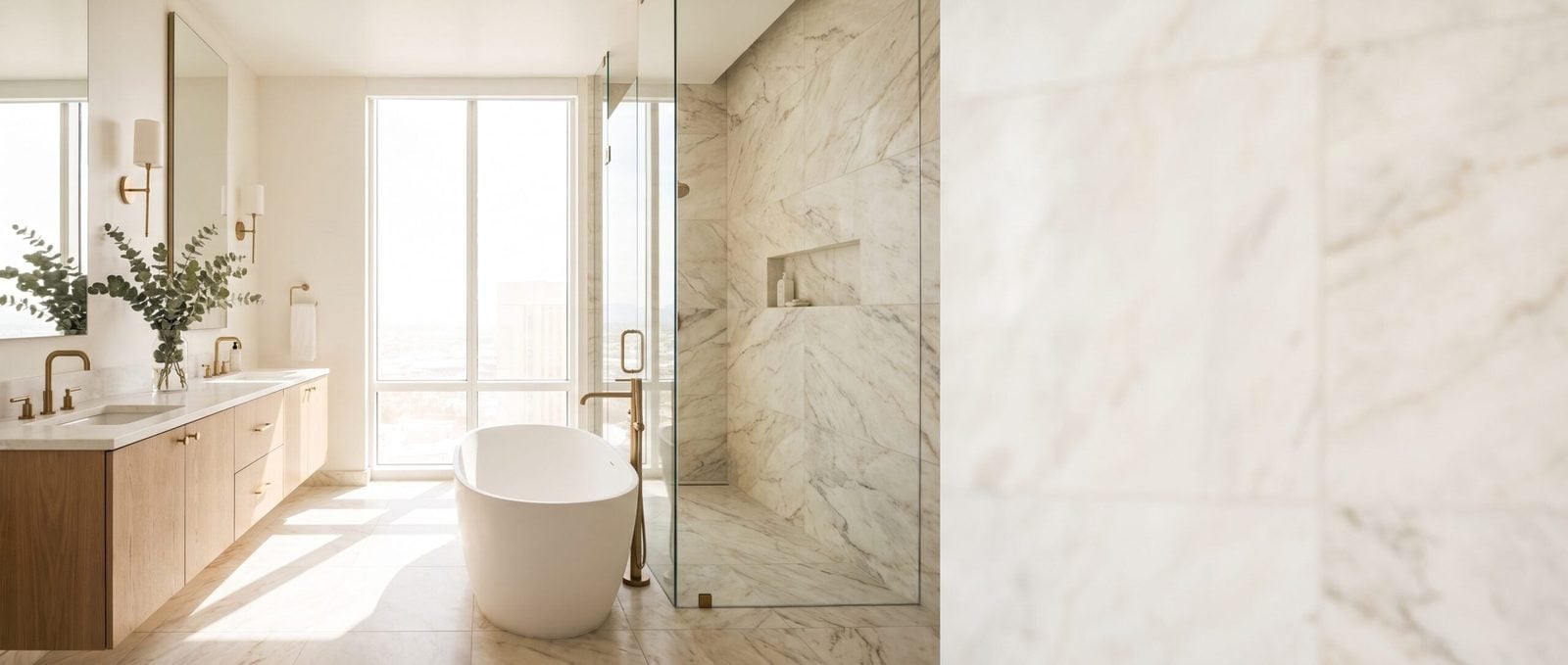 Luxury master bathroom with freestanding tub and marble walk-in shower Las Vegas Nevada