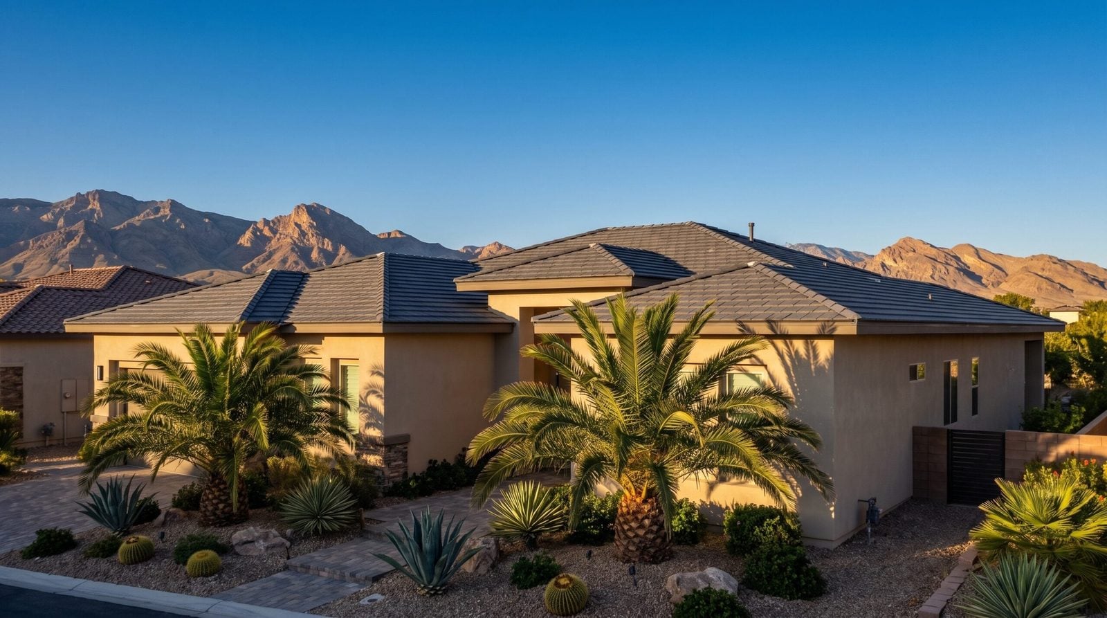 Desert contemporary Las Vegas home with new concrete tile roof and mountain backdrop