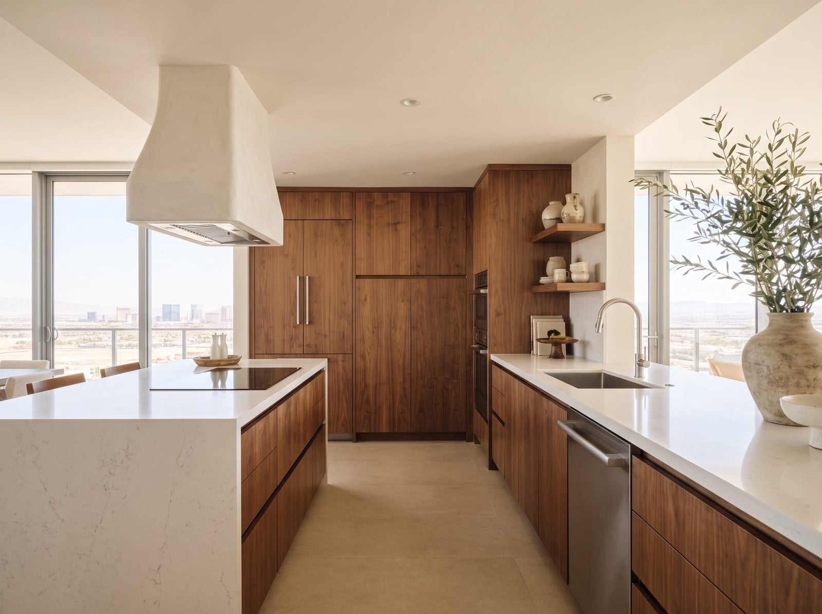 Modern walnut flat-front kitchen with waterfall quartz island Las Vegas Nevada